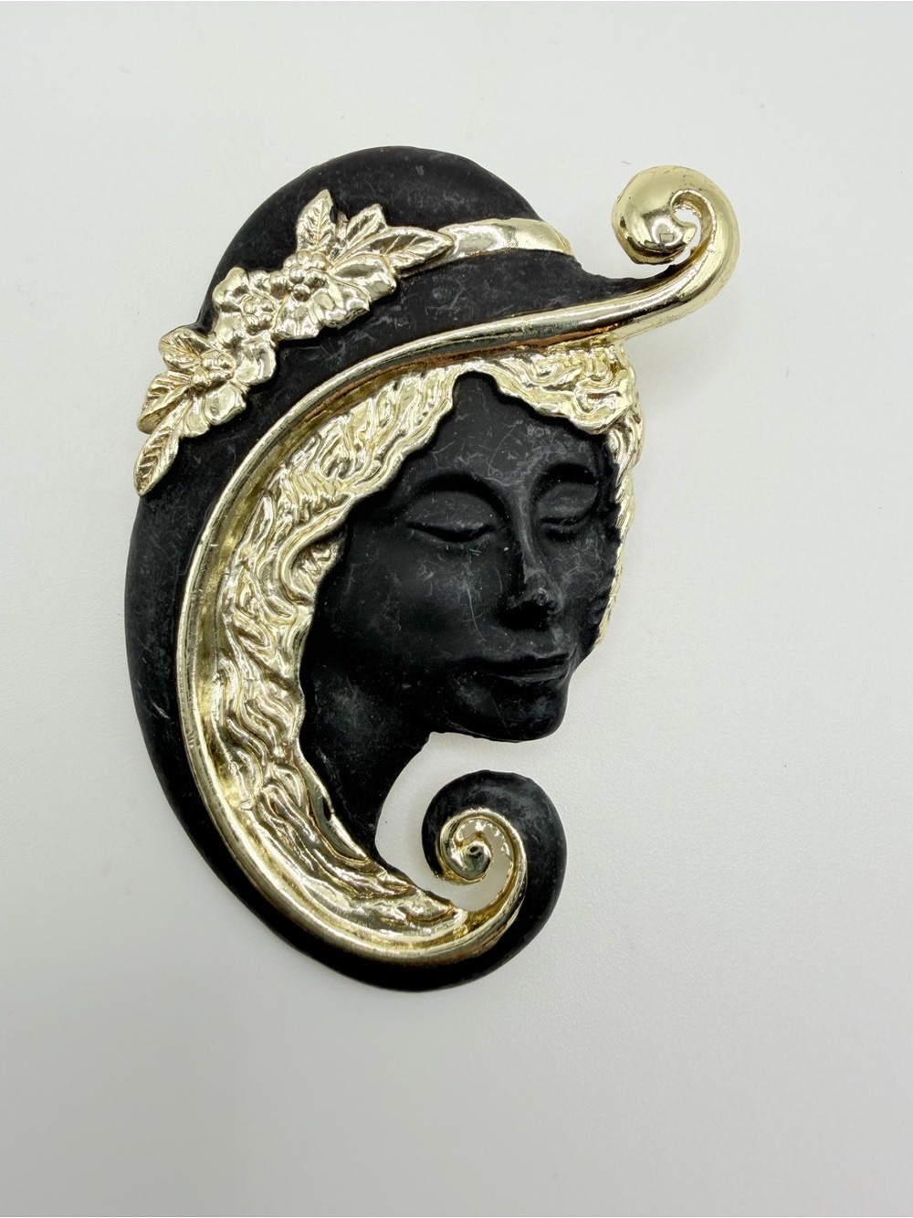 Signed Trianon Art Nouveau Revival Lady Figural Brooch | Black & Gold Stateme